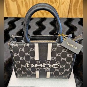 bebe Black Logo Satchel with Cream Stripes